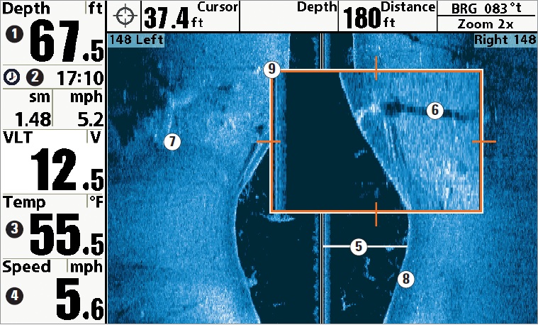 Humminbird Side Imaging Szonárkép Zoom funkció aktív kurzorral